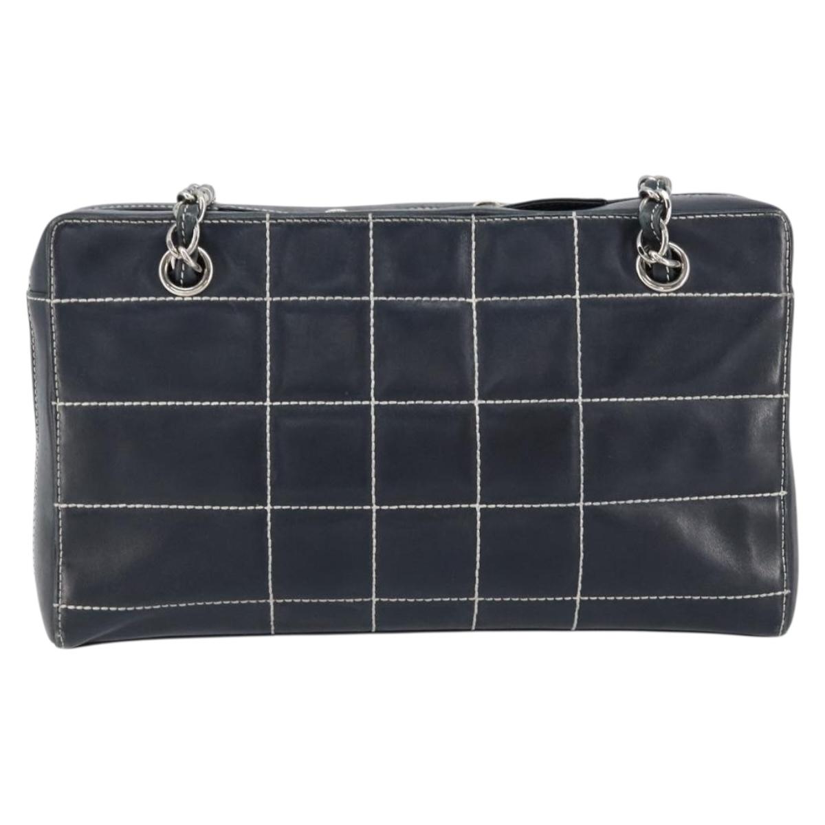 CHANEL Choco Bar Chain Shoulder Bag Leather Navy Silver CC Auth ka245