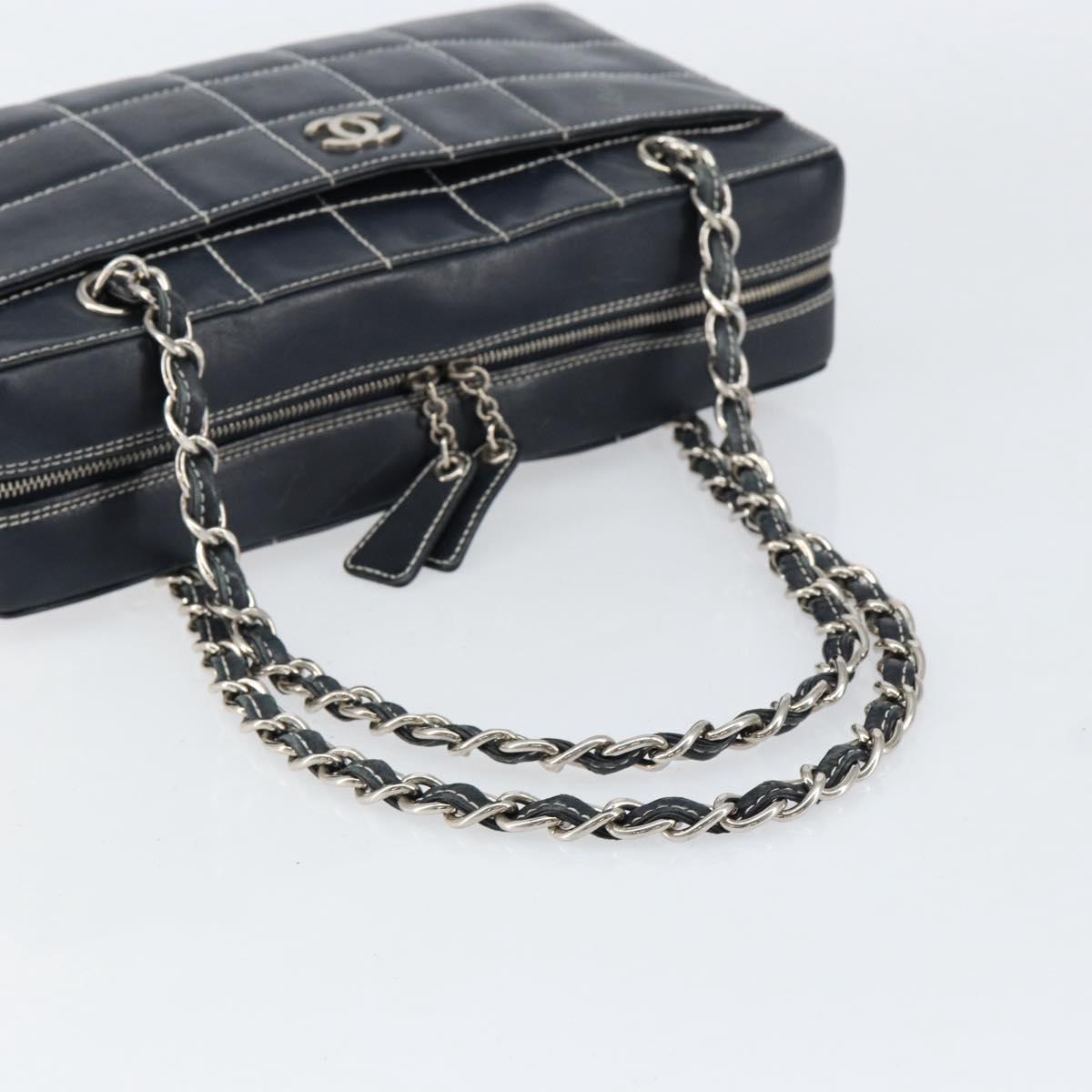 CHANEL Choco Bar Chain Shoulder Bag Leather Navy Silver CC Auth ka245