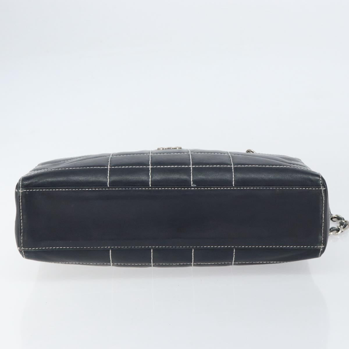 CHANEL Choco Bar Chain Shoulder Bag Leather Navy Silver CC Auth ka245