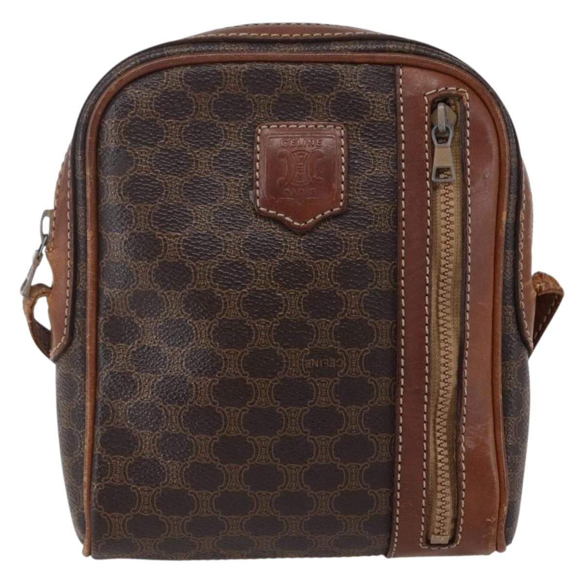 CELINE Macadam Canvas Shoulder Bag PVC Leather Brown Gold Auth ka2453