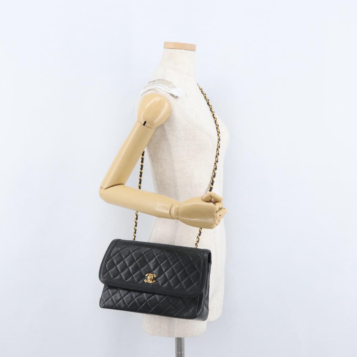 CHANEL Matelasse Chain Shoulder Bag Lamb Skin Black Gold CC Auth ka2483SAV