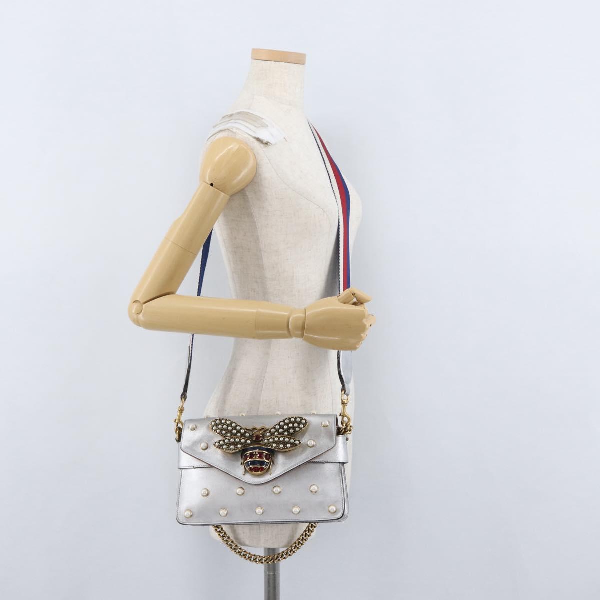 GUCCI Bamboo Chain Broadway Shoulder Bag Leather 2way Silver 453778 Auth ka2490V