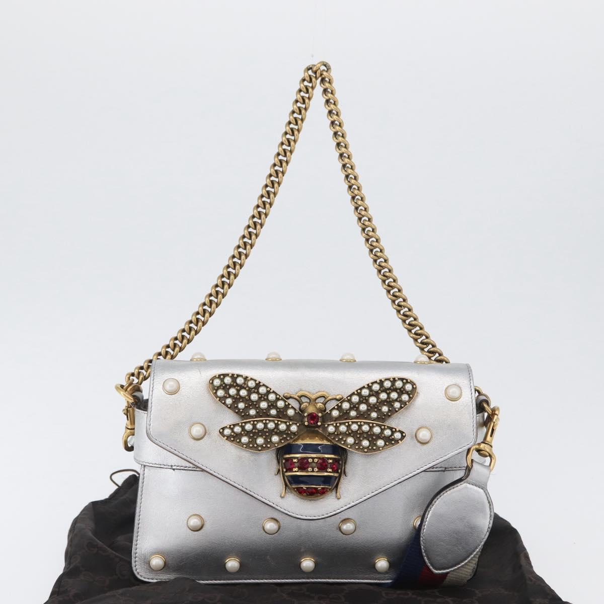 GUCCI Bamboo Chain Broadway Shoulder Bag Leather 2way Silver 453778 Auth ka2490V