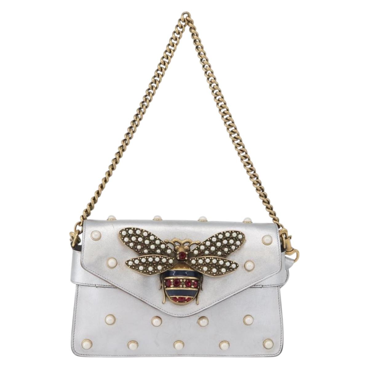 GUCCI Bamboo Chain Broadway Shoulder Bag Leather 2way Silver 453778 Auth ka2490V