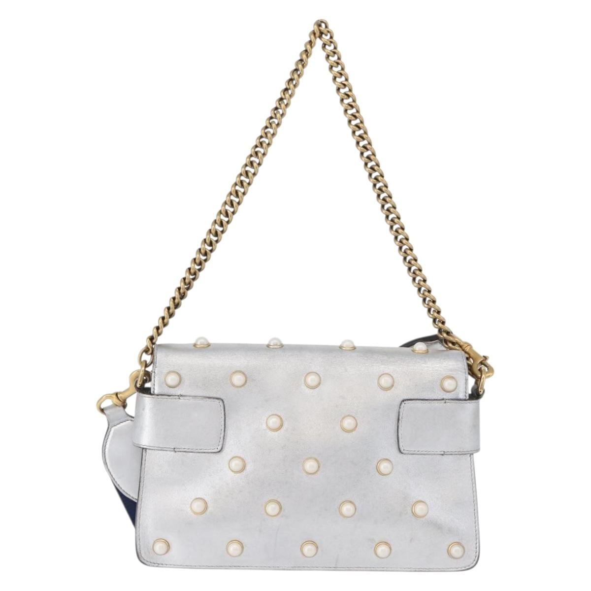 GUCCI Bamboo Chain Broadway Shoulder Bag Leather 2way Silver 453778 Auth ka2490V