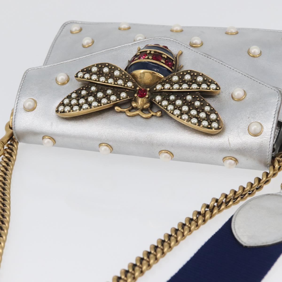 GUCCI Bamboo Chain Broadway Shoulder Bag Leather 2way Silver 453778 Auth ka2490V