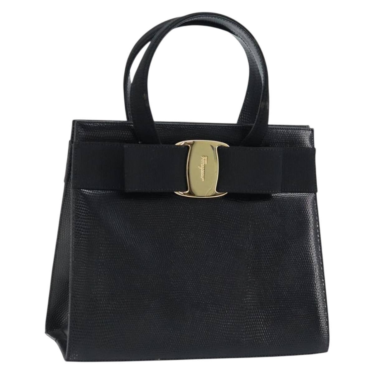 Salvatore Ferragamo Vala Hand Bag Leather Black Gold Auth ka2505