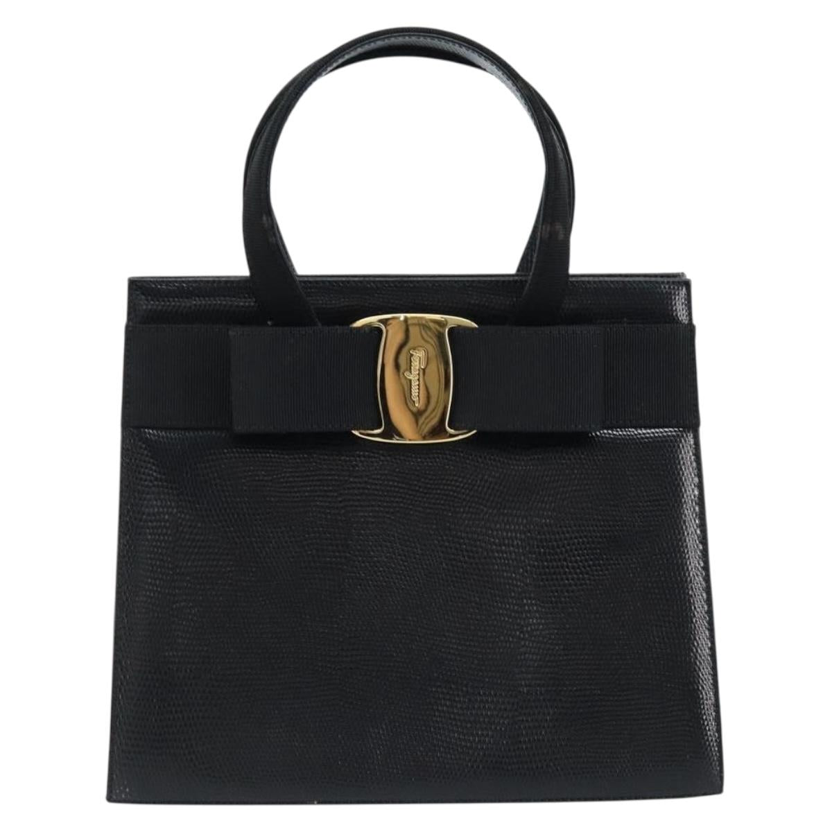 Salvatore Ferragamo Vala Hand Bag Leather Black Gold Auth ka2505