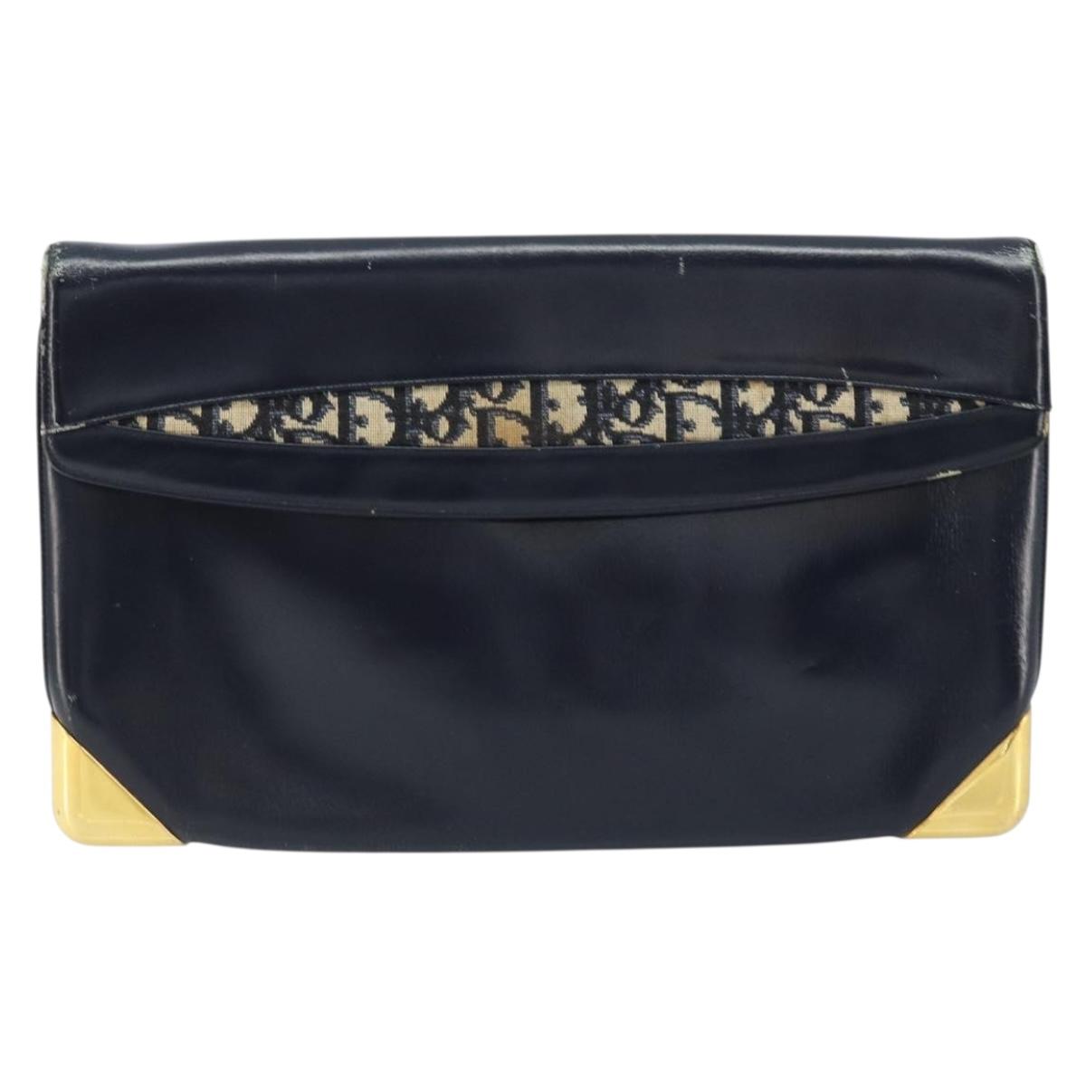 Christian Dior Trotter Canvas Clutch Bag Leather Navy Silver Auth ka2535