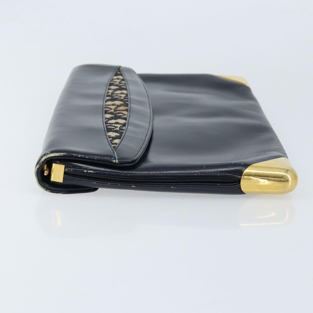 Christian Dior Trotter Canvas Clutch Bag Leather Navy Silver Auth ka2535