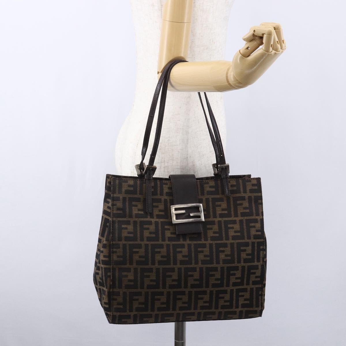 FENDI Zucca Canvas Shoulder Bag Black Brown Auth ka260