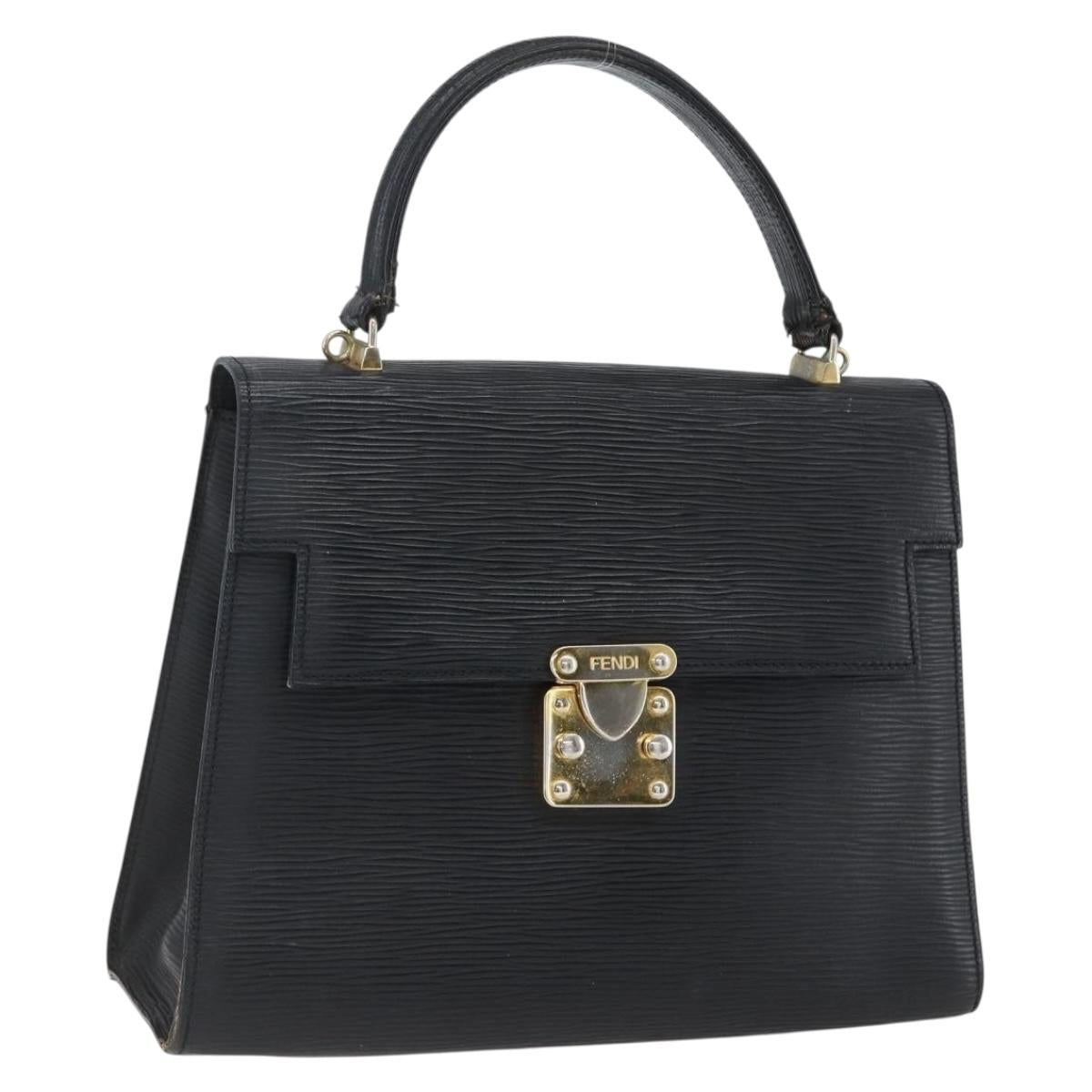 FENDI Hand Bag Leather Black Gold Auth ka2601