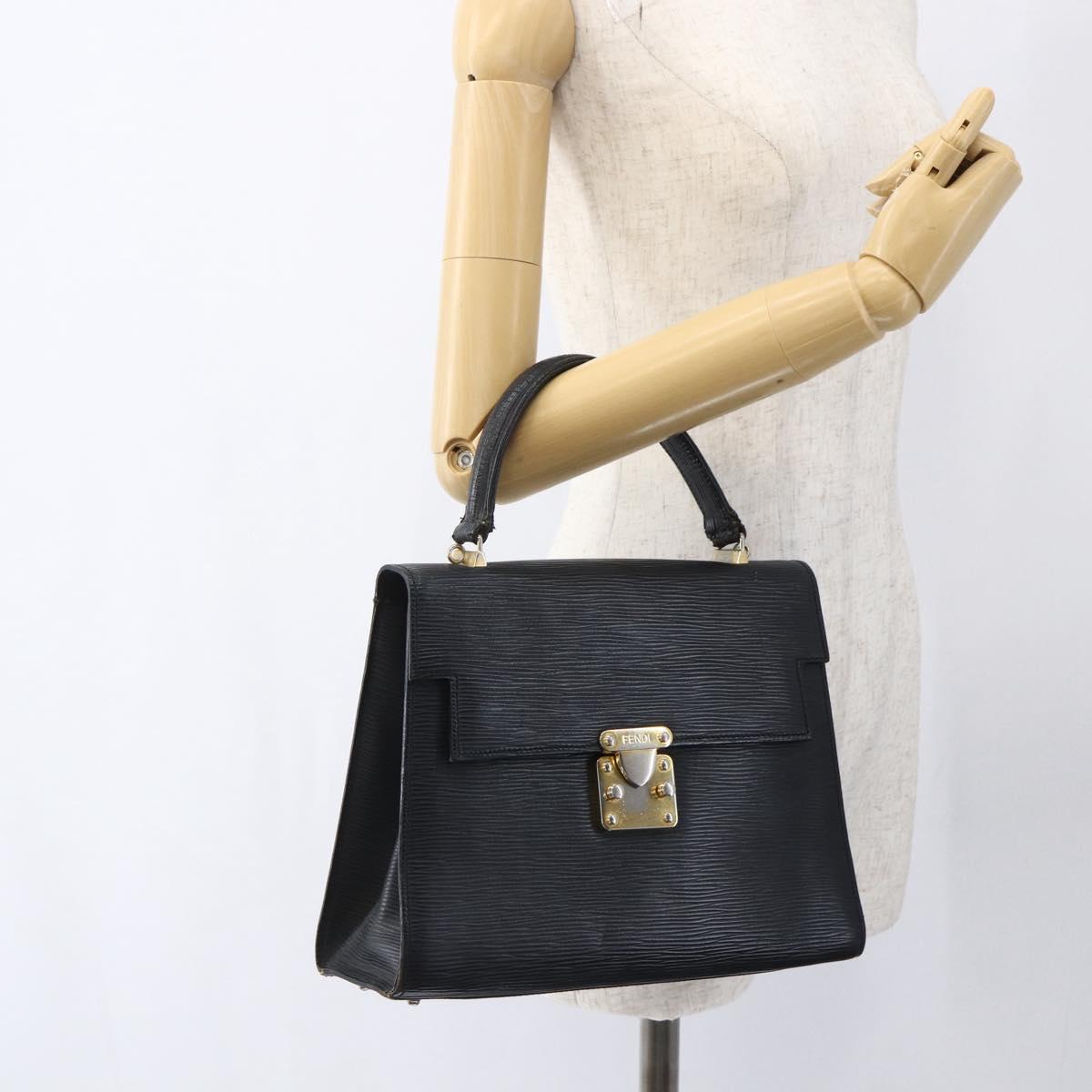 FENDI Hand Bag Leather Black Gold Auth ka2601