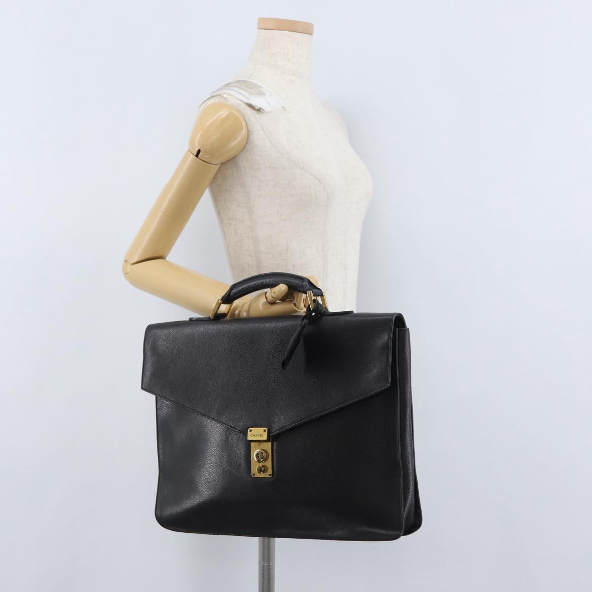 CHANEL Business Bag Caviar Skin Black Gold CC Auth ka2603