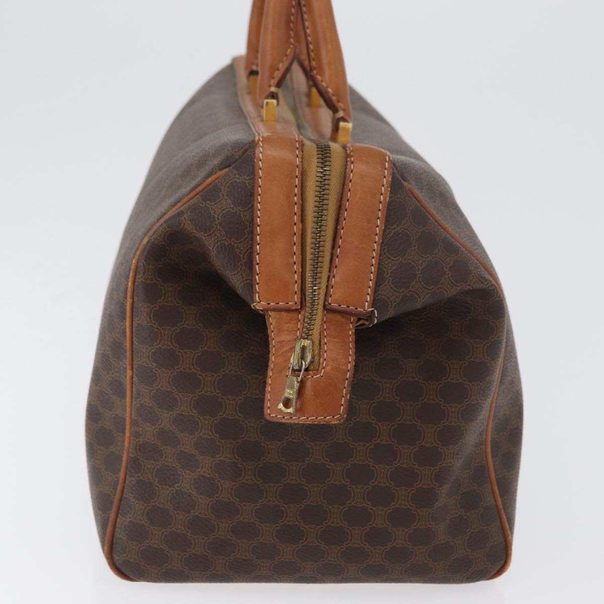 CELINE Macadam Canvas Boston Bag PVC Leather Brown Gold Auth ka2619