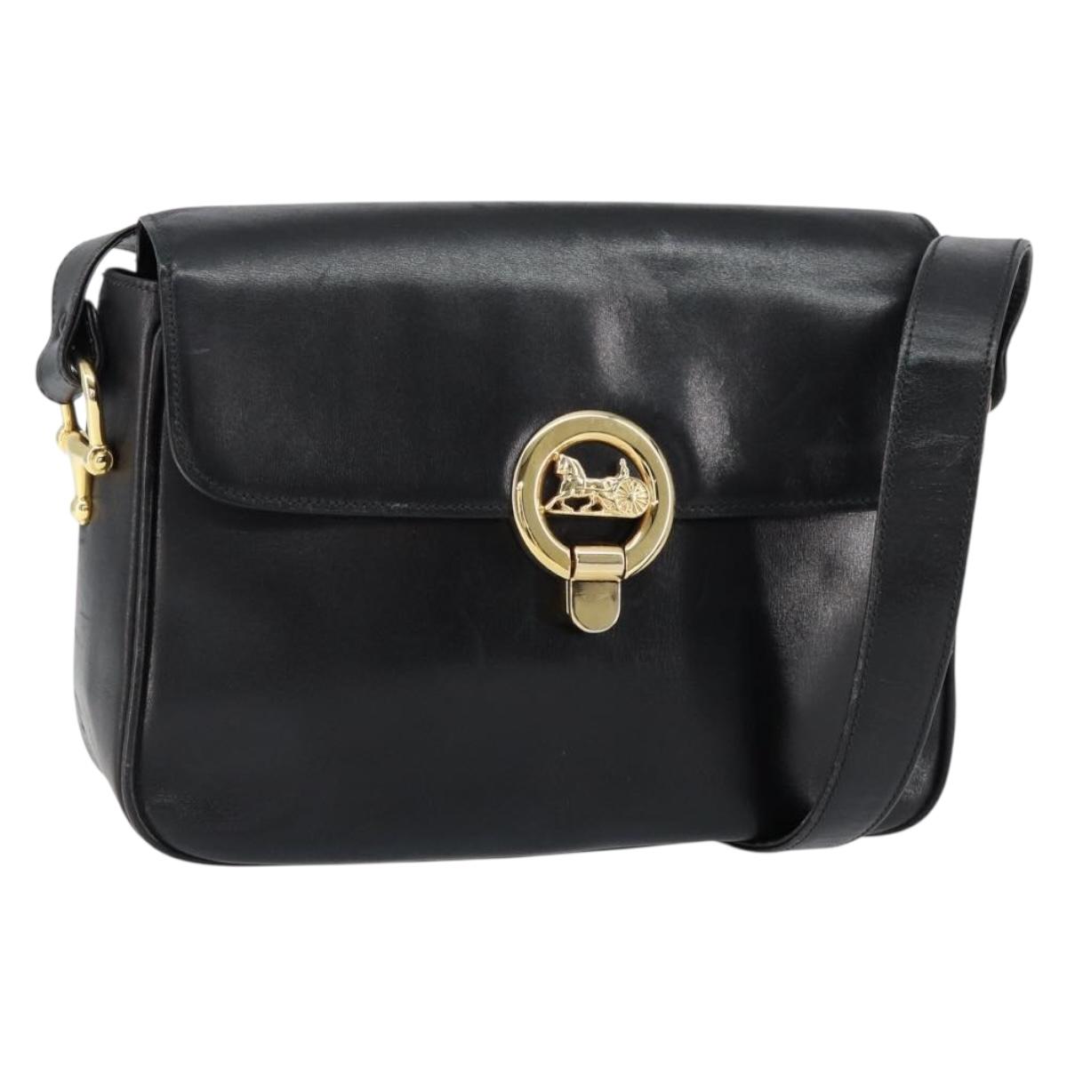 CELINE Horse Carriage Shoulder Bag Leather Black Gold Auth ka264