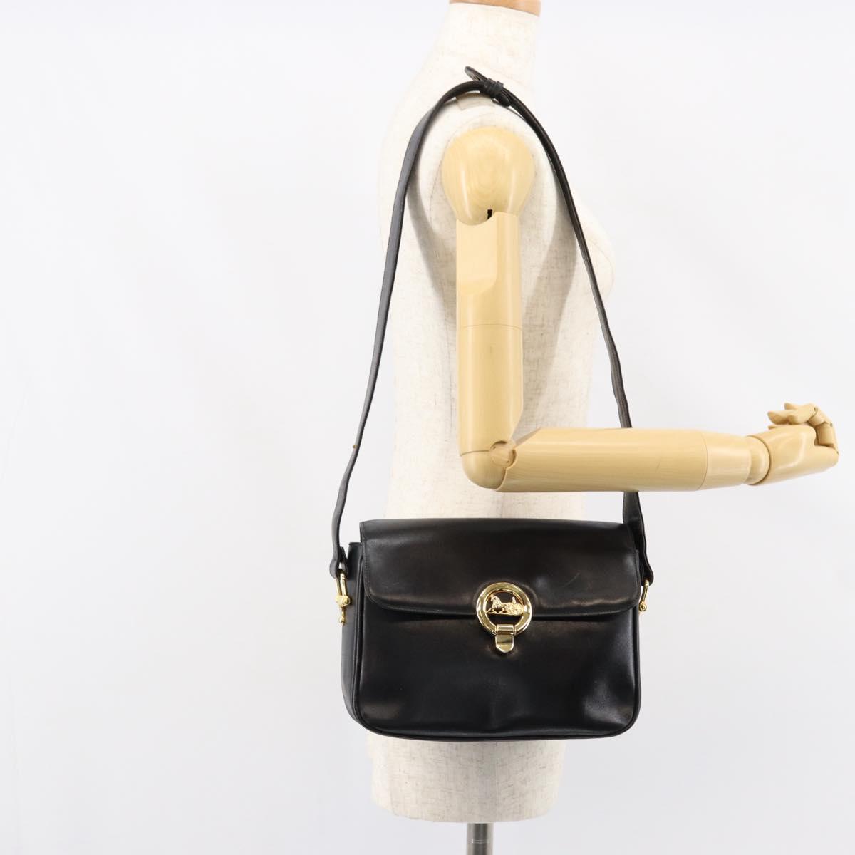 CELINE Horse Carriage Shoulder Bag Leather Black Gold Auth ka264