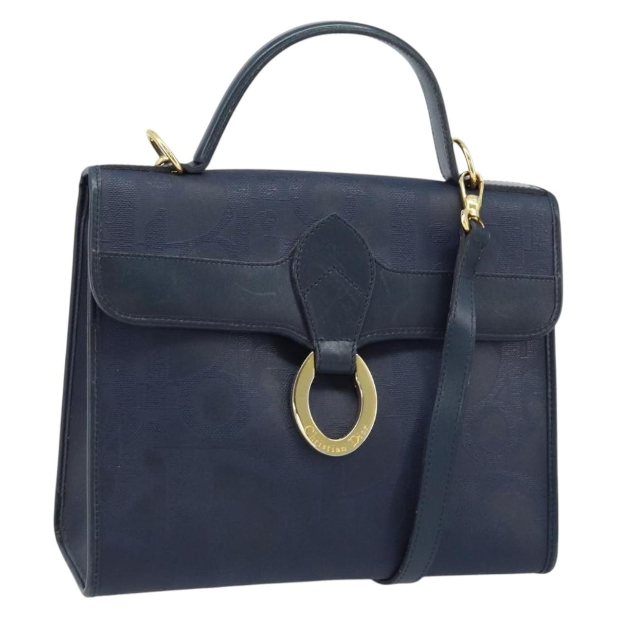 Christian Dior Trotter Canvas Hand Bag 2way Navy Gold Auth ka2695