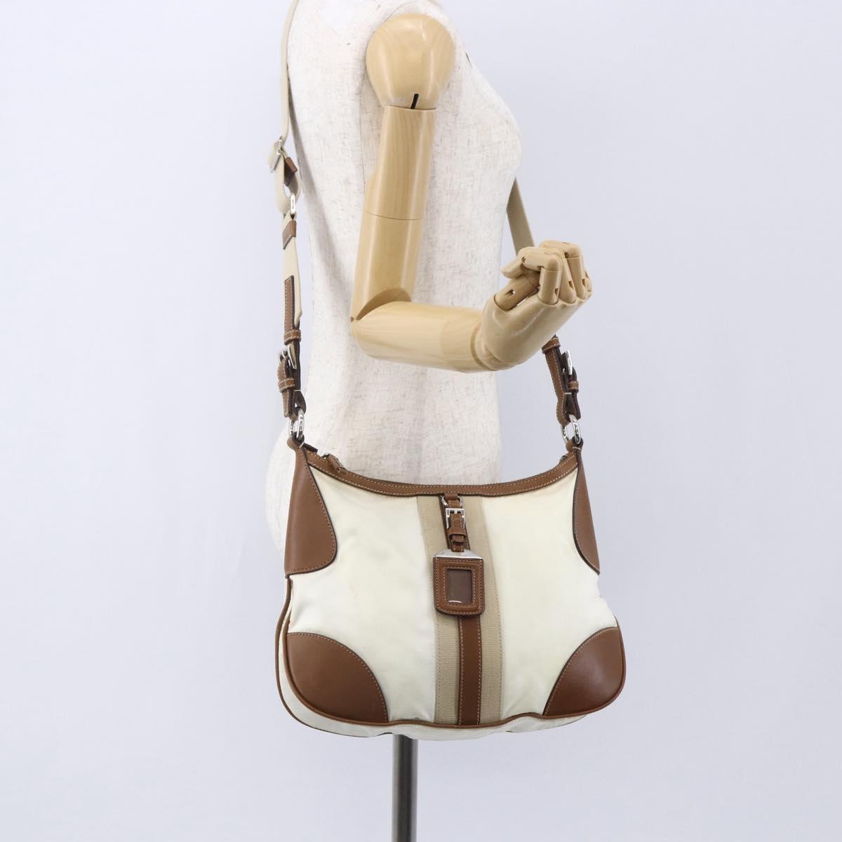 PRADA Shoulder Bag Nylon Beige Silver Auth ka273
