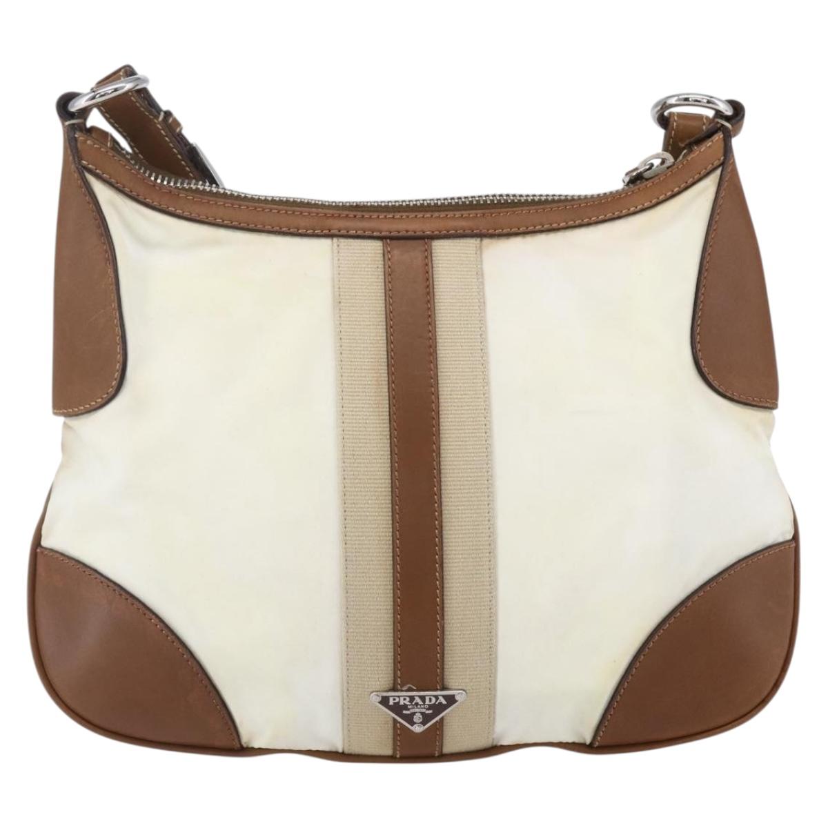 PRADA Shoulder Bag Nylon Beige Silver Auth ka273