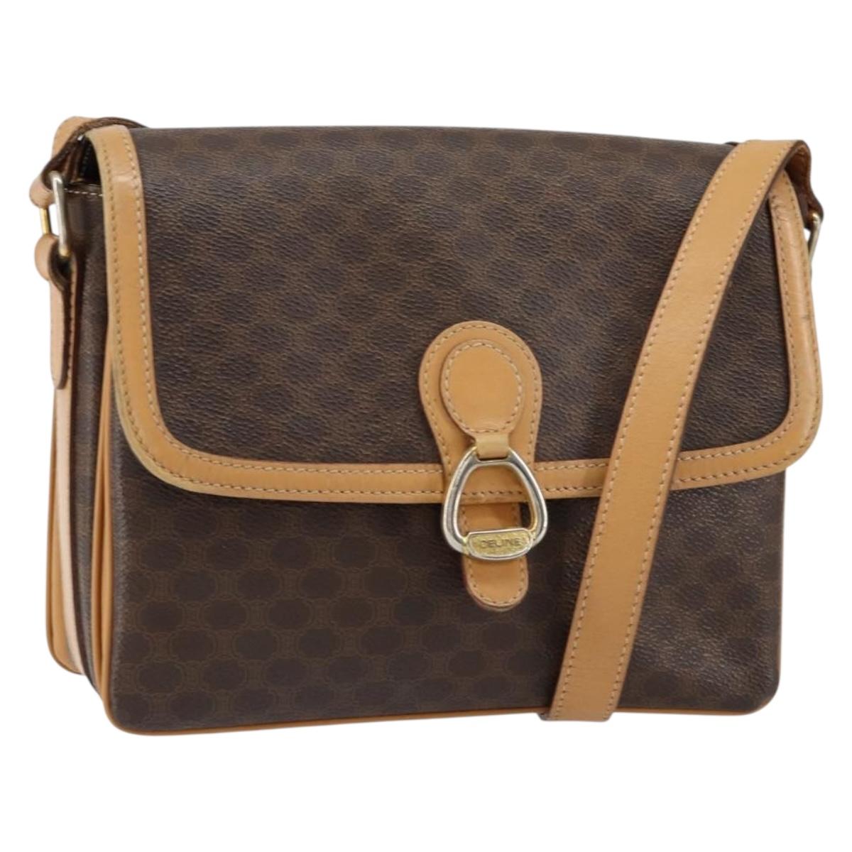 CELINE Macadam Canvas Shoulder Bag PVC Leather Brown Gold Auth ka274