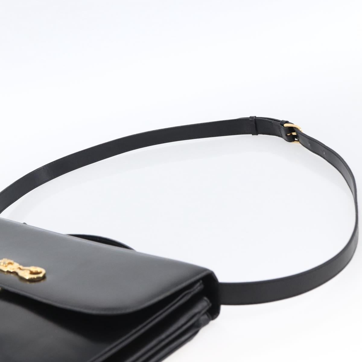 CELINE Horsebit Shoulder Bag Leather Black Gold Auth ka2765