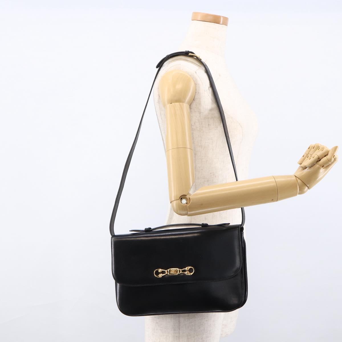 CELINE Horsebit Shoulder Bag Leather Black Gold Auth ka2765