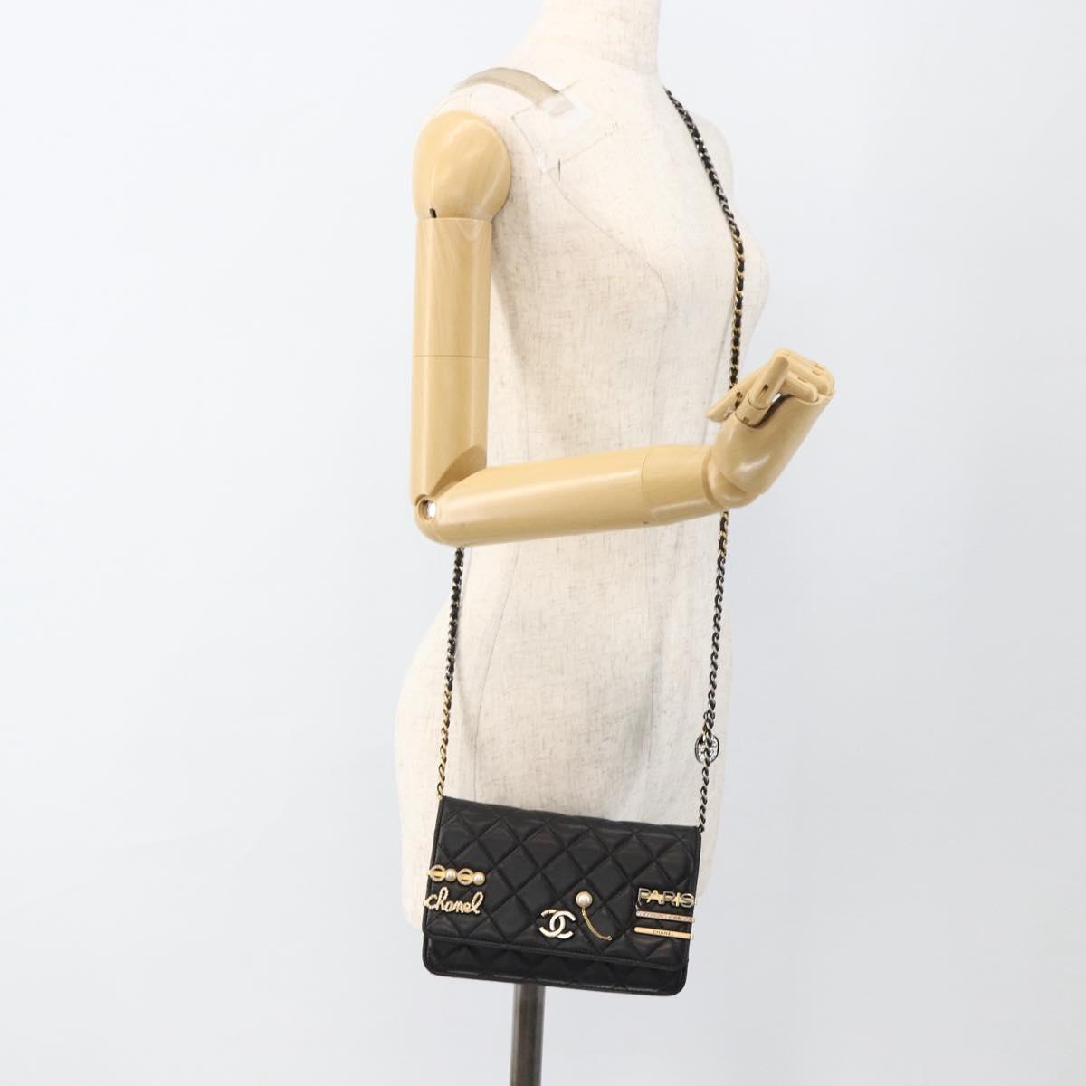 CHANEL Matelasse Chain Shoulder Bag Lamb Skin Black Gold CC Auth ka2771A
