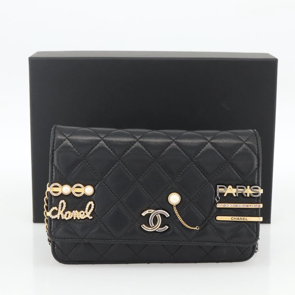 CHANEL Matelasse Chain Shoulder Bag Lamb Skin Black Gold CC Auth ka2771A