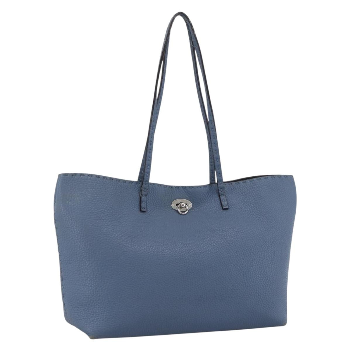 FENDI Celeria Tote Bag Leather Light Blue Silver Auth ka2780