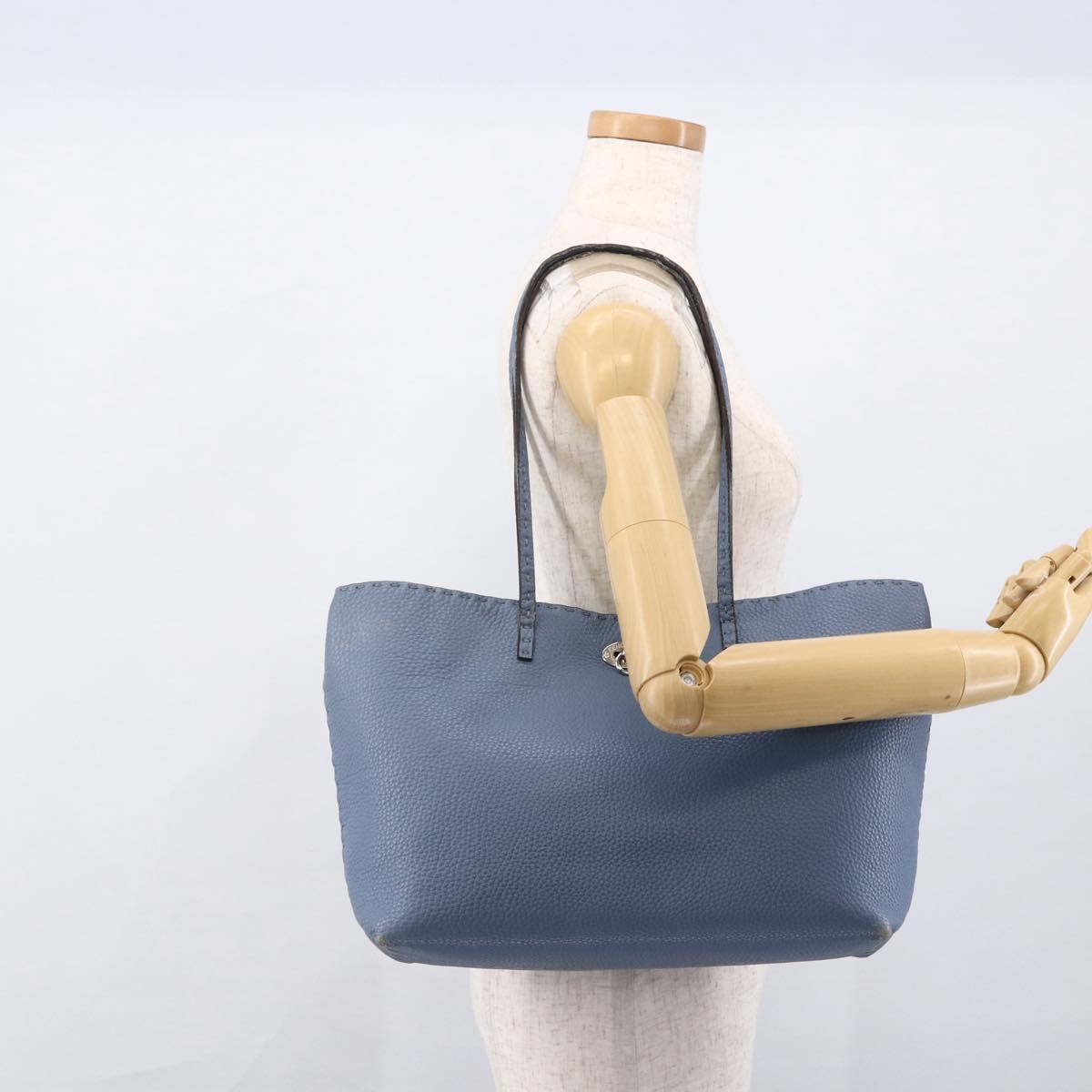 FENDI Celeria Tote Bag Leather Light Blue Silver Auth ka2780