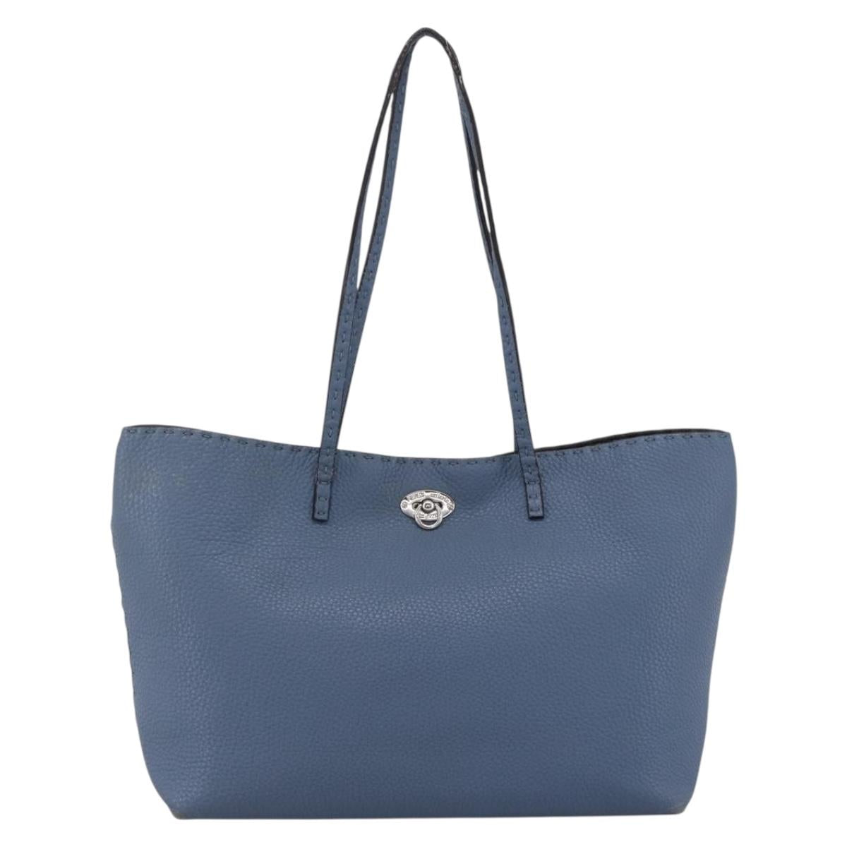 FENDI Celeria Tote Bag Leather Light Blue Silver Auth ka2780