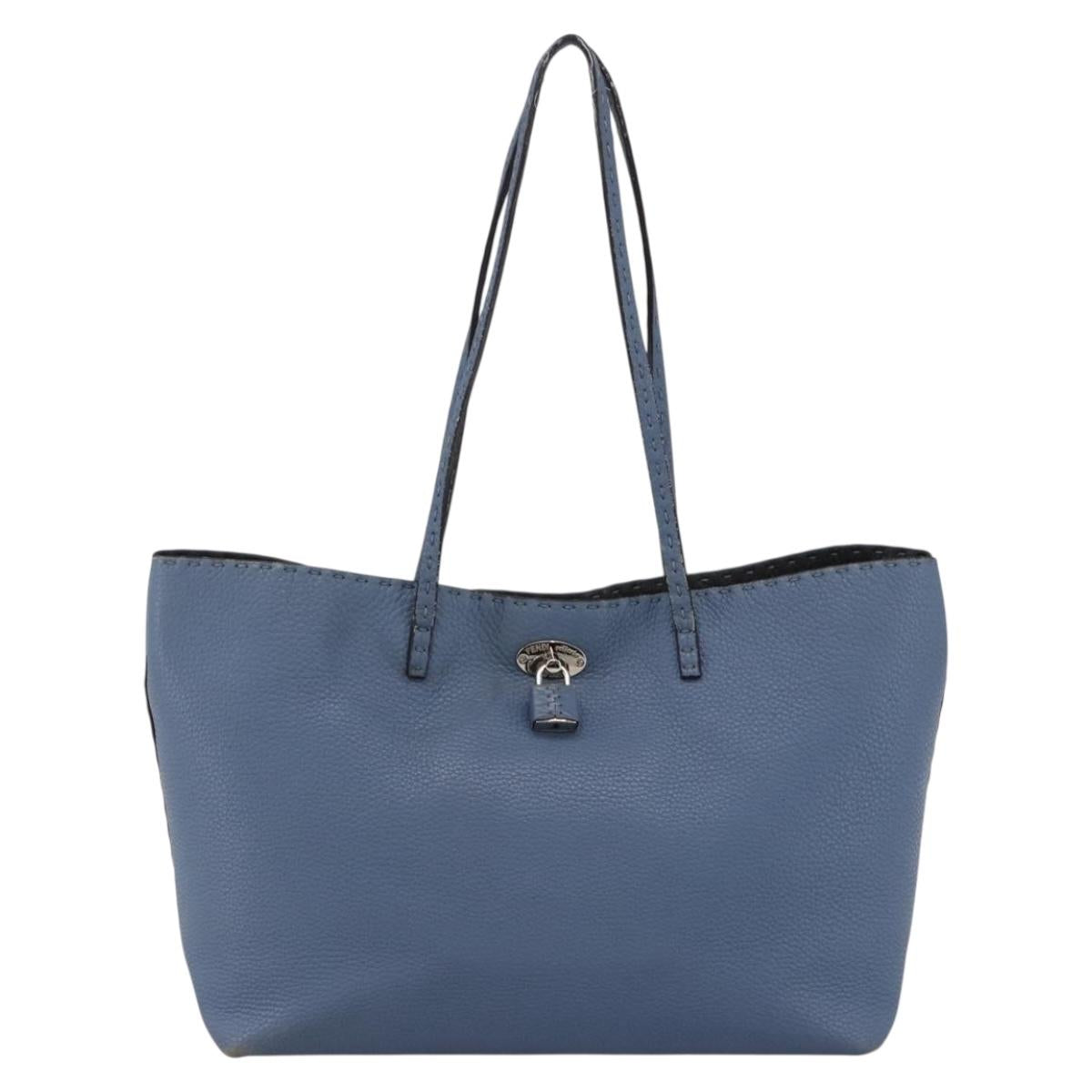 FENDI Celeria Tote Bag Leather Light Blue Silver Auth ka2780