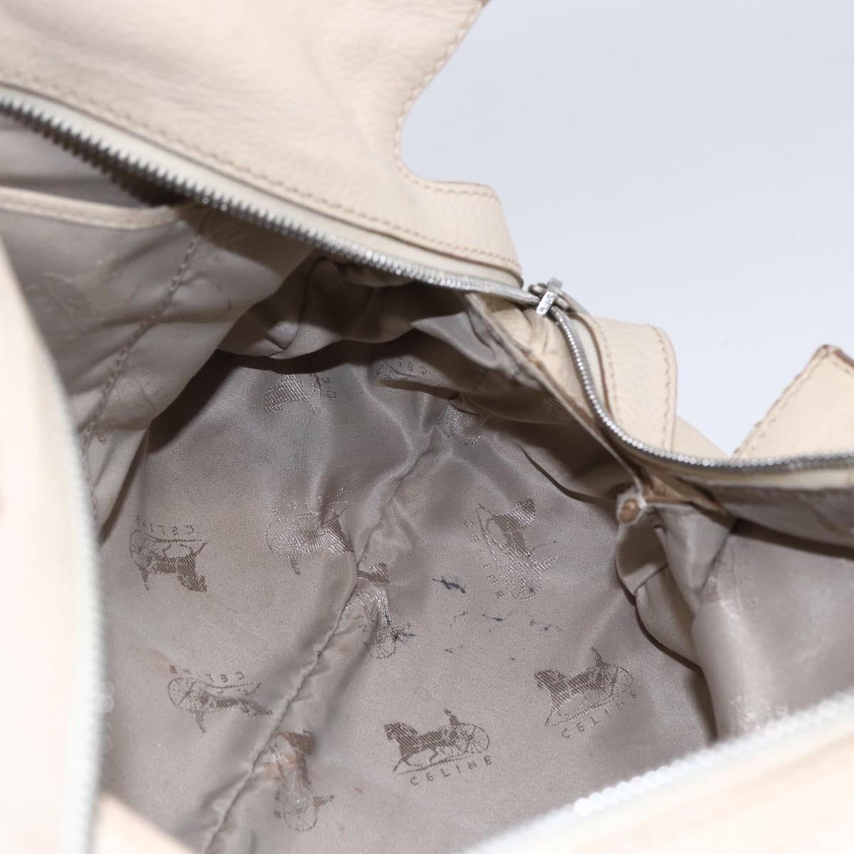 CELINE Boston Bag Leather White Silver Auth ka2783