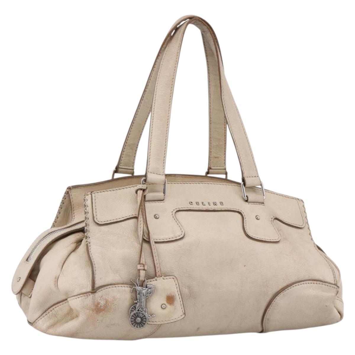 CELINE Boston Bag Leather White Silver Auth ka2783