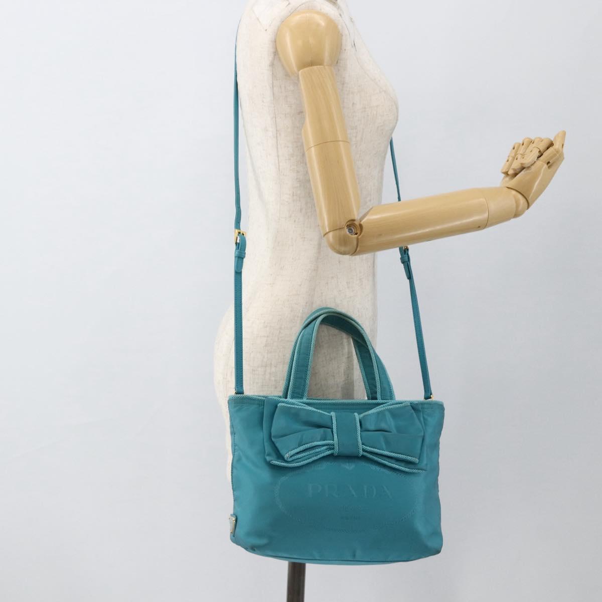 PRADA Ribbon Hand Bag Nylon 2way Light Blue Gold Auth ka2797