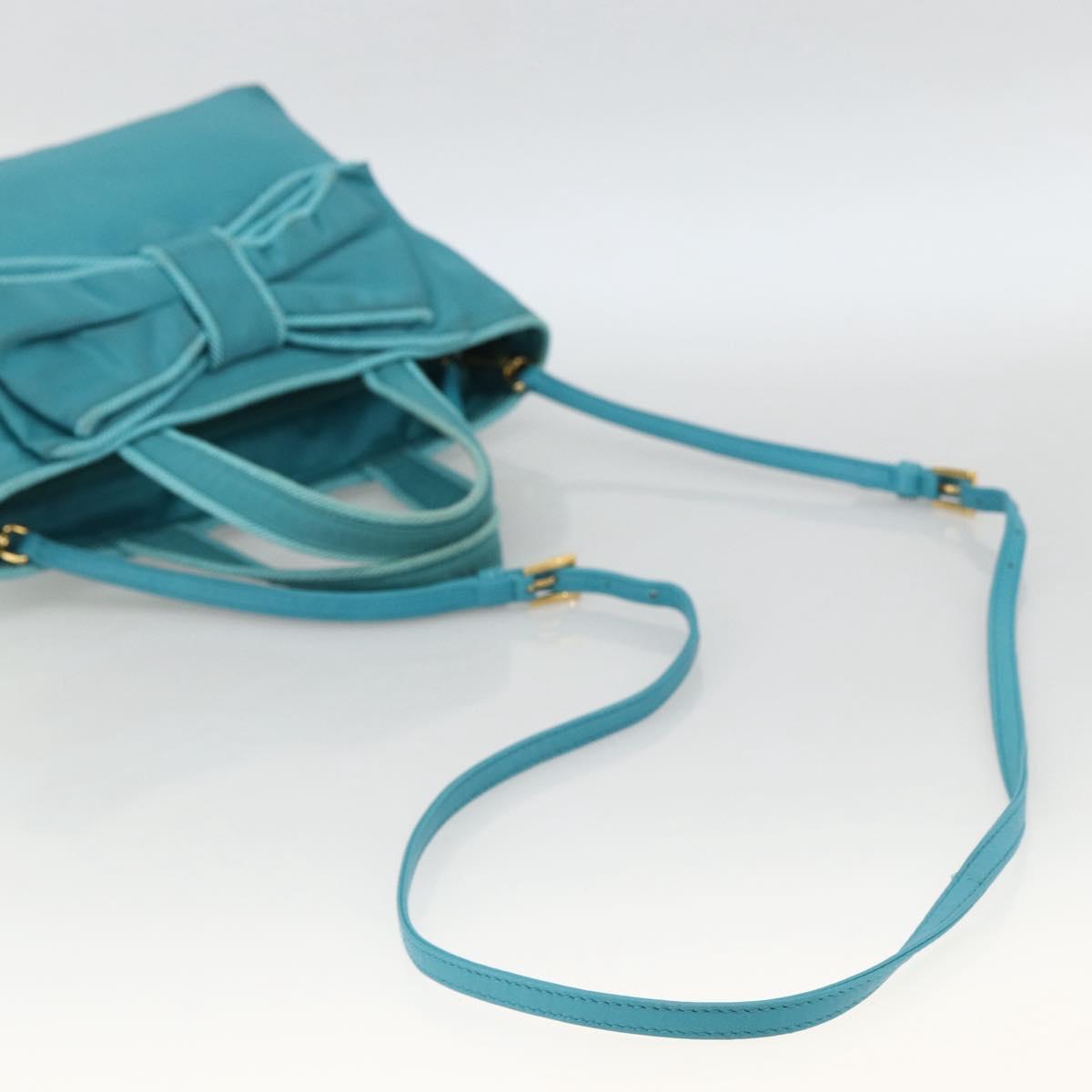 PRADA Ribbon Hand Bag Nylon 2way Light Blue Gold Auth ka2797