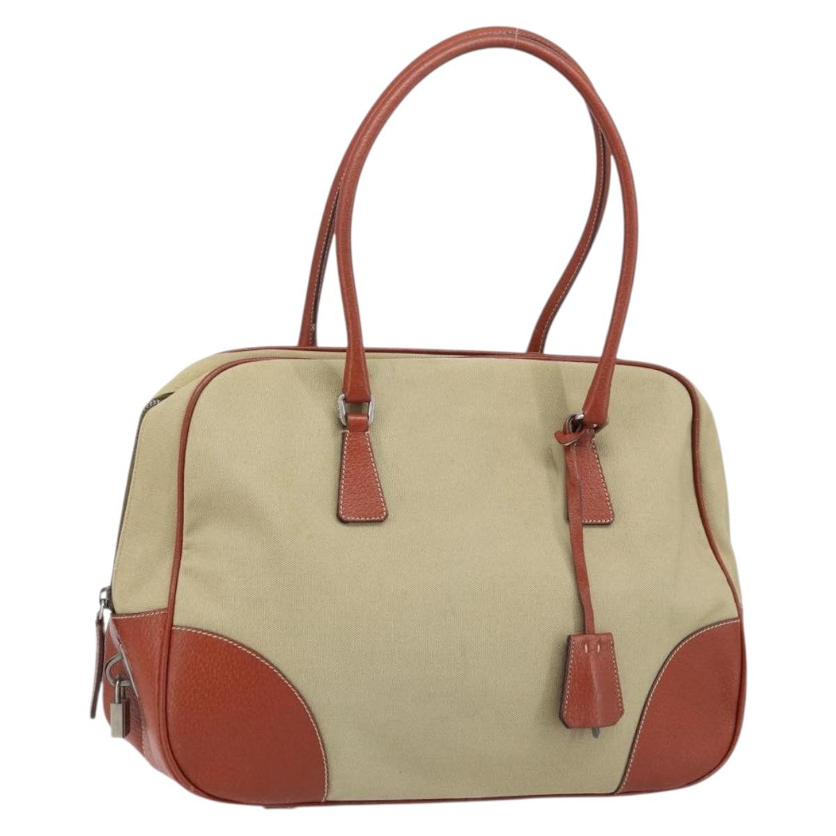 PRADA Tote Bag Canvas Beige Silver Auth ka2799