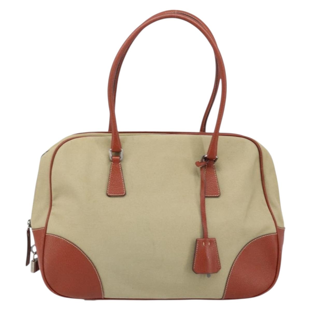 PRADA Tote Bag Canvas Beige Silver Auth ka2799