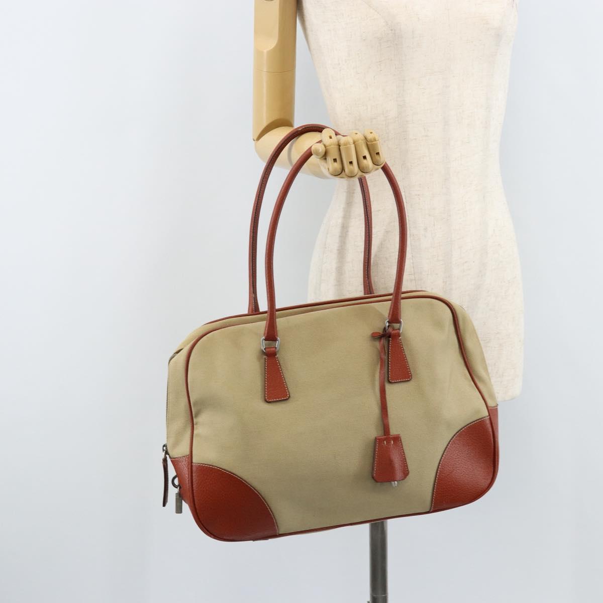 PRADA Tote Bag Canvas Beige Silver Auth ka2799