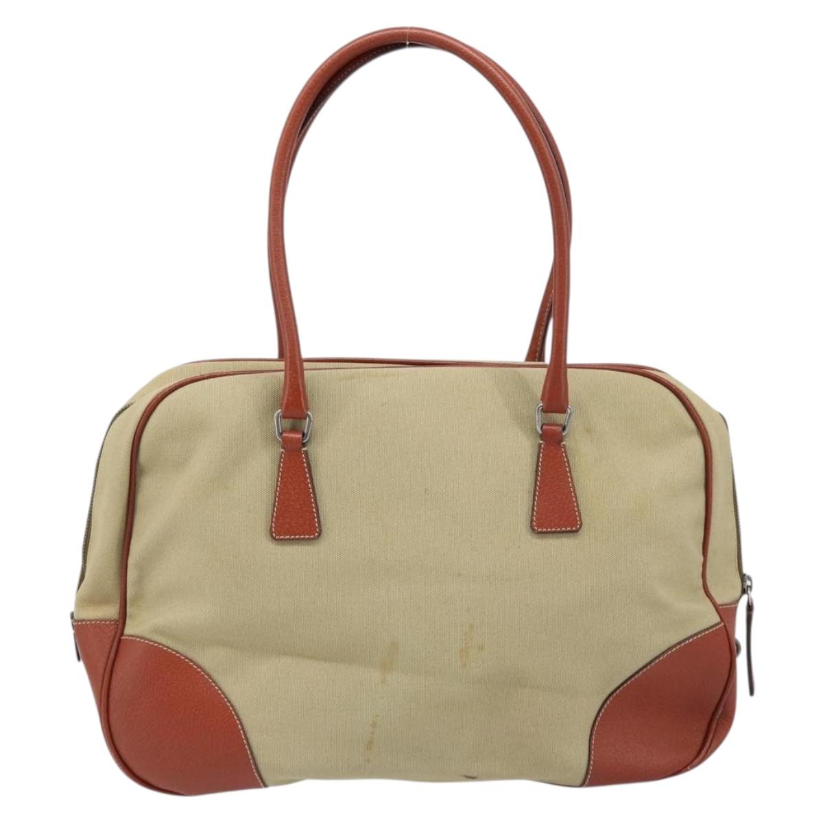 PRADA Tote Bag Canvas Beige Silver Auth ka2799