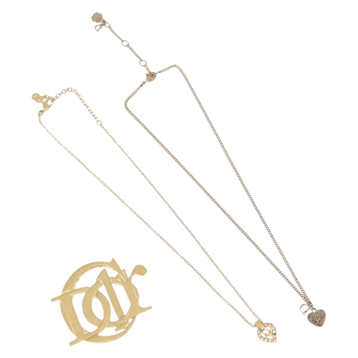 Christian Dior Necklace Brooch metal 3 Set Gold Tone Auth ka2819