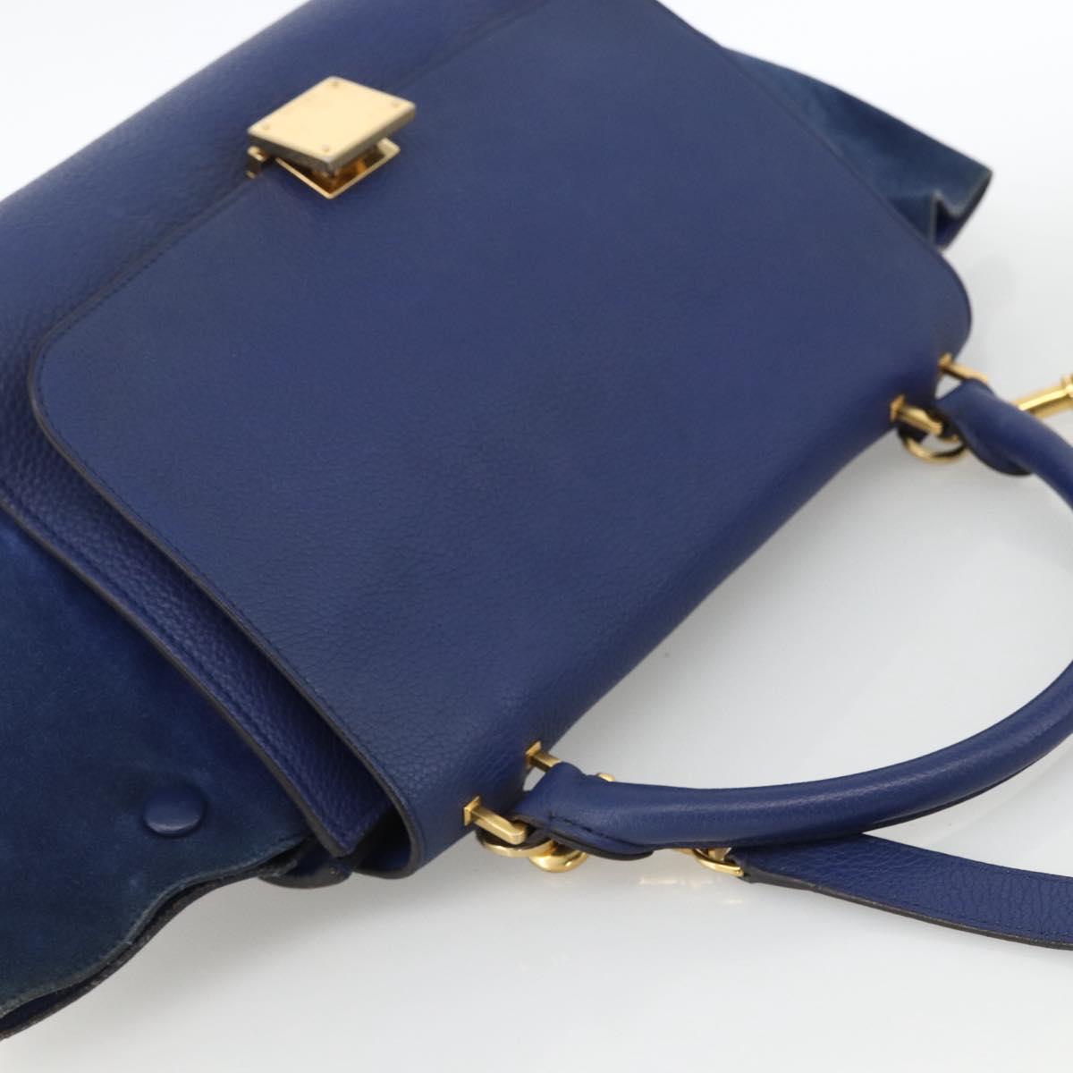 CELINE Trapeze Hand Bag Suede Leather 2way Blue Gold Auth ka2823