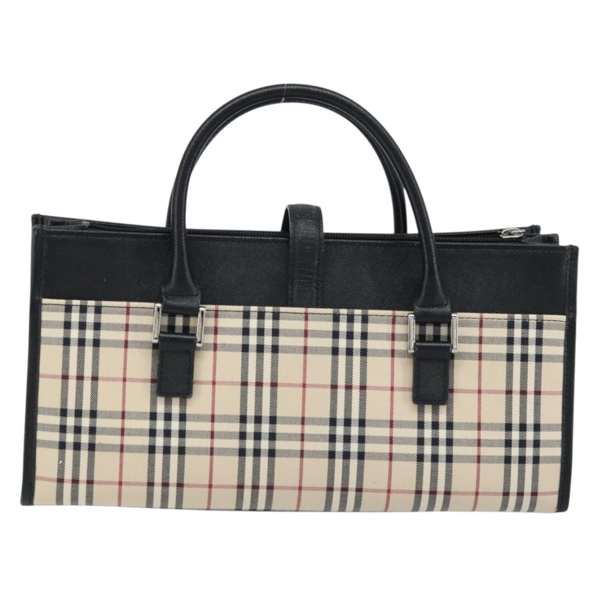 BURBERRY Nova Check Hand Bag Canvas Beige Silver Auth ka2824V