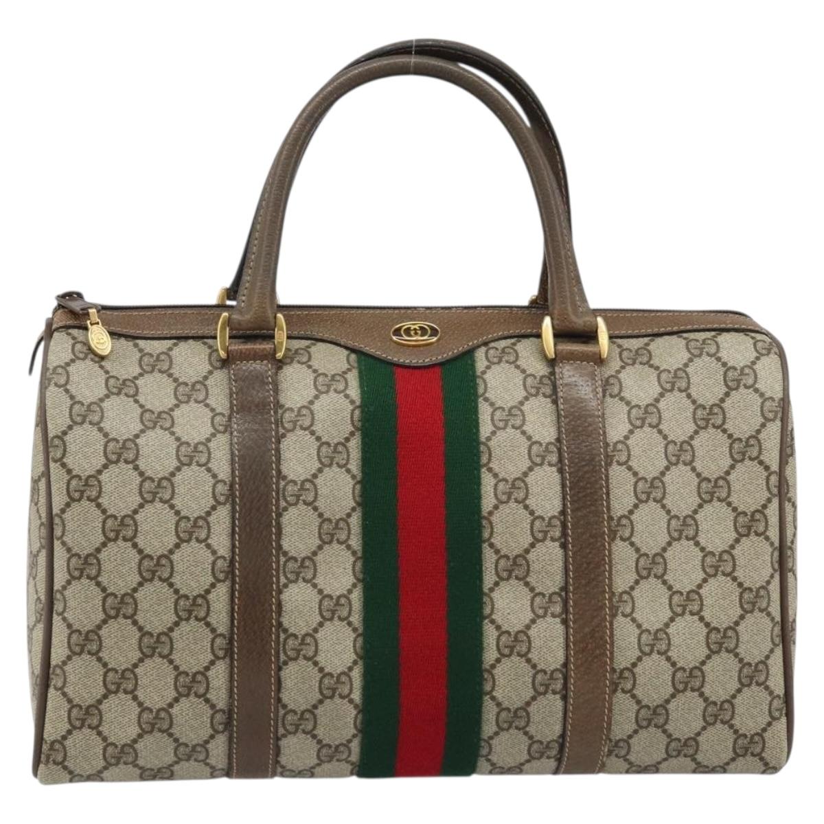 GUCCI GG Supreme Web Sherry Line Boston Bag PVC Beige Gold 24 02 007 Auth ka2825