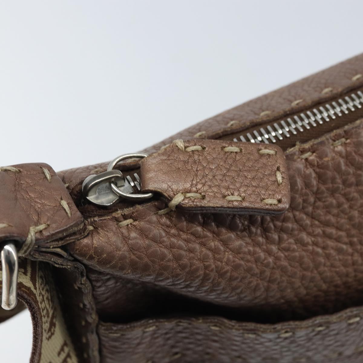 FENDI Celeria Shoulder Bag Leather Brown Silver Auth ka2864