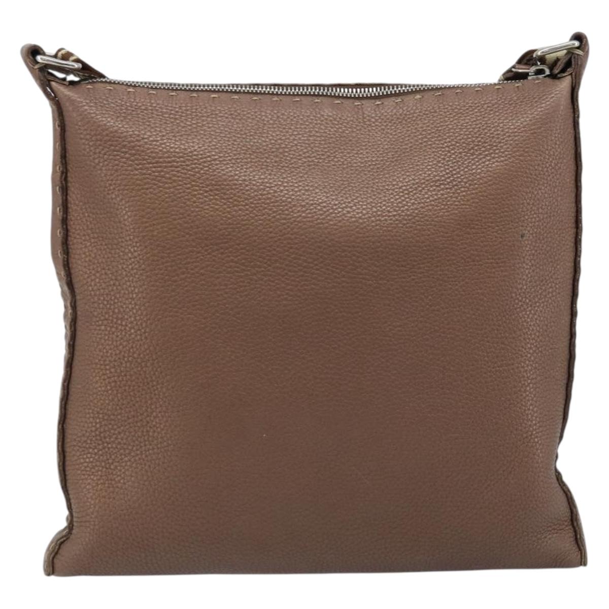FENDI Celeria Shoulder Bag Leather Brown Silver Auth ka2864