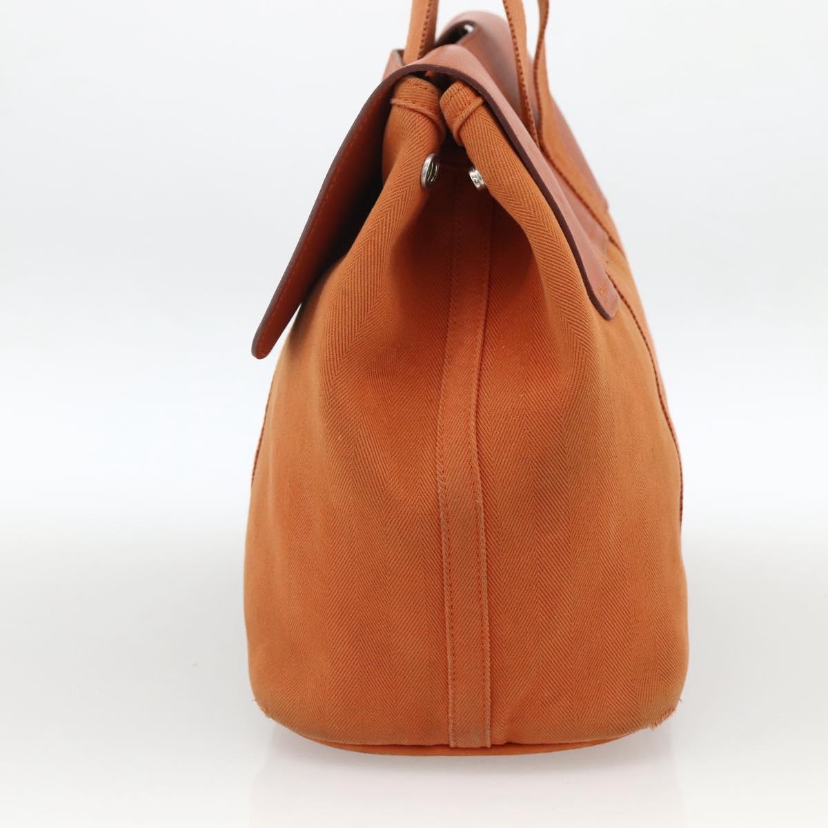 HERMES Valparaiso MM Hand Bag Canvas Leather Orange Silver Auth ka2867