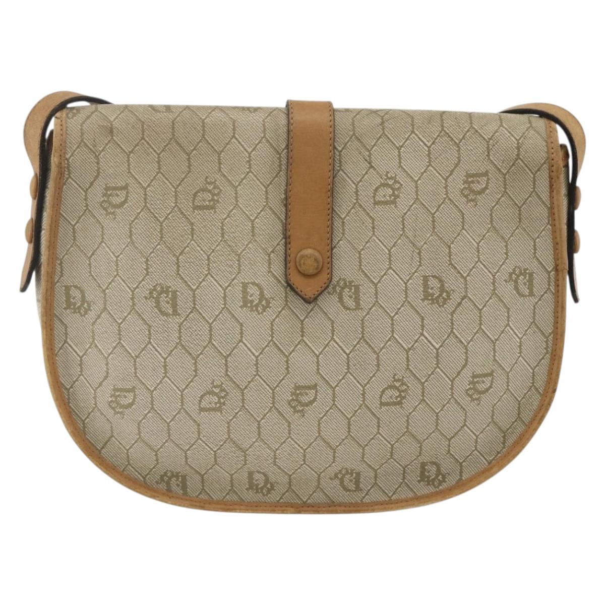 Christian Dior Honeycomb Canvas Shoulder Bag PVC Beige Gold Auth ka2888