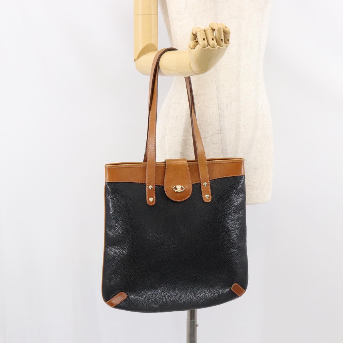 CELINE Tote Bag Leather Black Gold Auth ka290